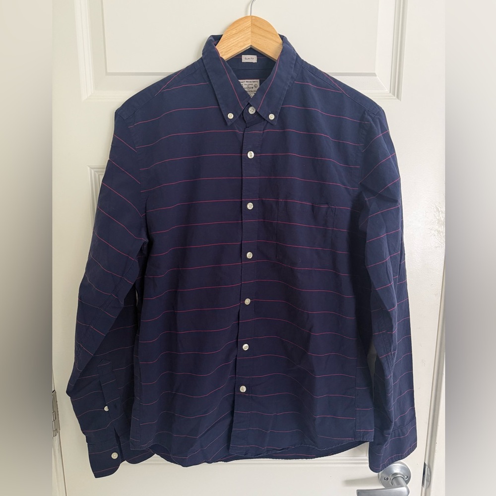 J Crew Long Sleeve Button Up Shirt Mens Large Blue Red Horizontal Stripe Cotton